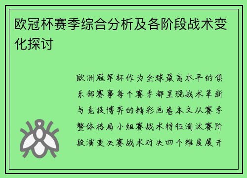 欧冠杯赛季综合分析及各阶段战术变化探讨